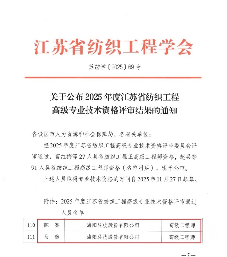 Good News! Chen Liang and Ma Chi of Haiyang Technology Successfully Passed the 2025 Jiangsu Provincial Senior Professional and Technical Qualification Evaluation for Textile Engineering